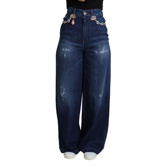 Blue Embellished Wide Leg Trouser Cotton Jeans