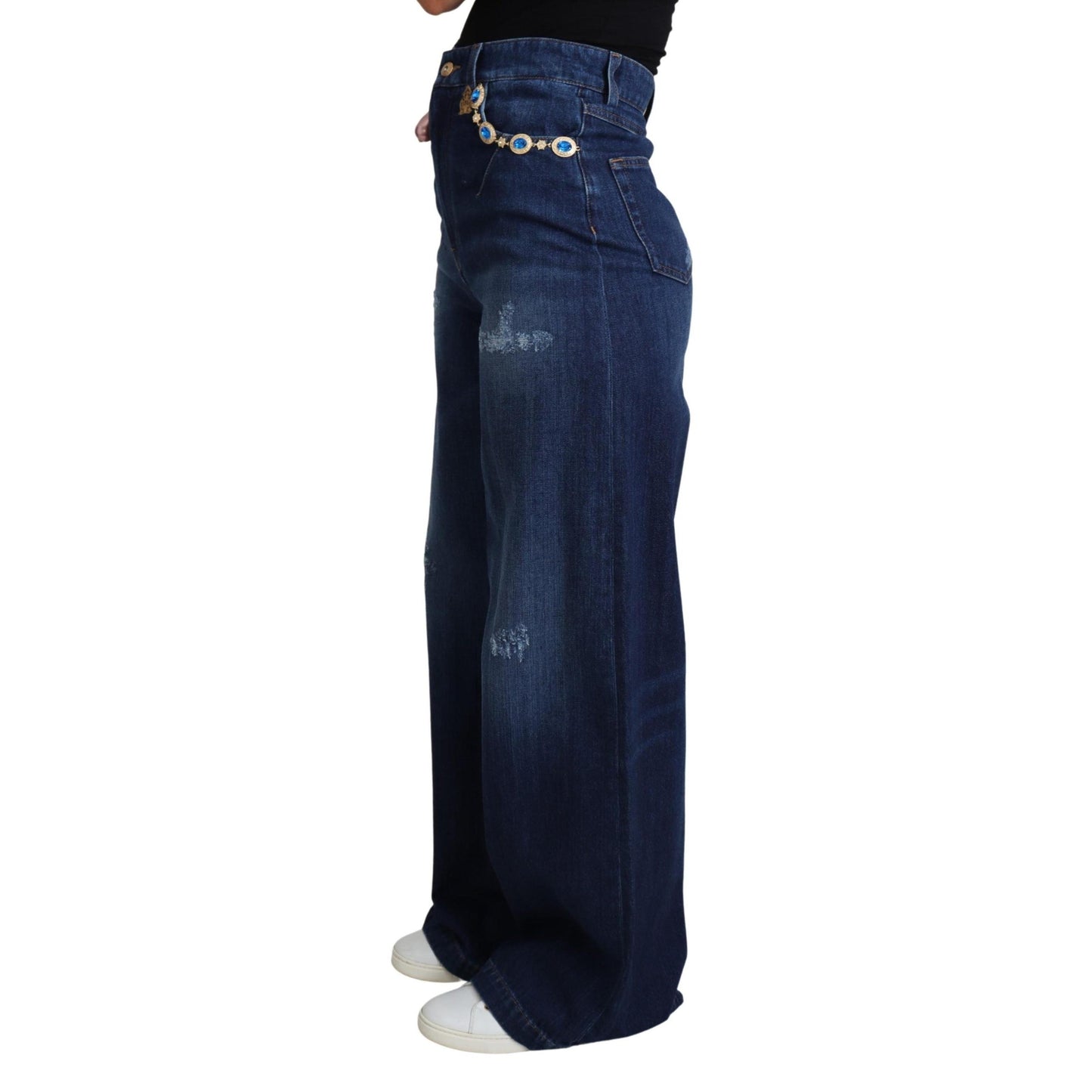 Blue Embellished Wide Leg Trouser Cotton Jeans