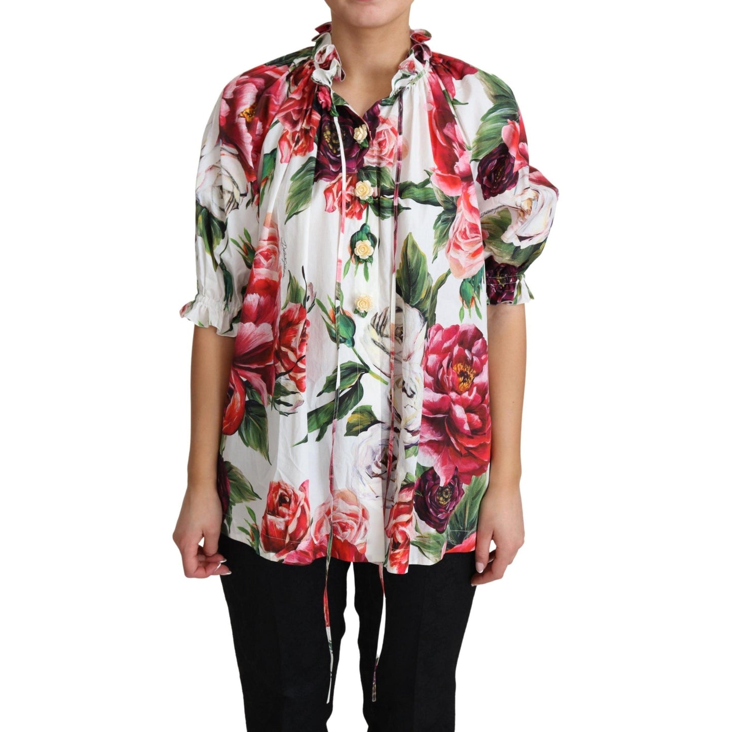Multicolor Peony Print Cotton Blouse Tops