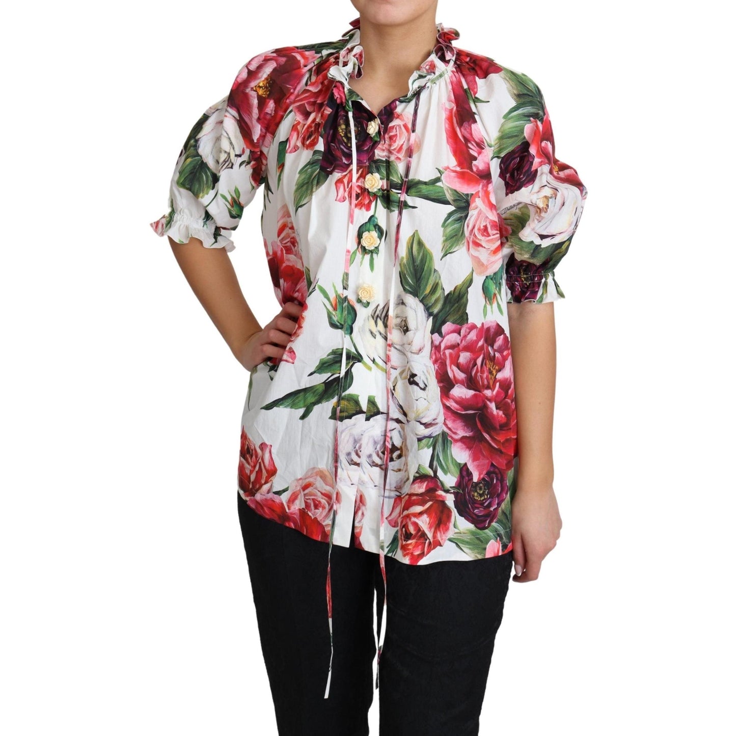 Multicolor Peony Print Cotton Blouse Tops