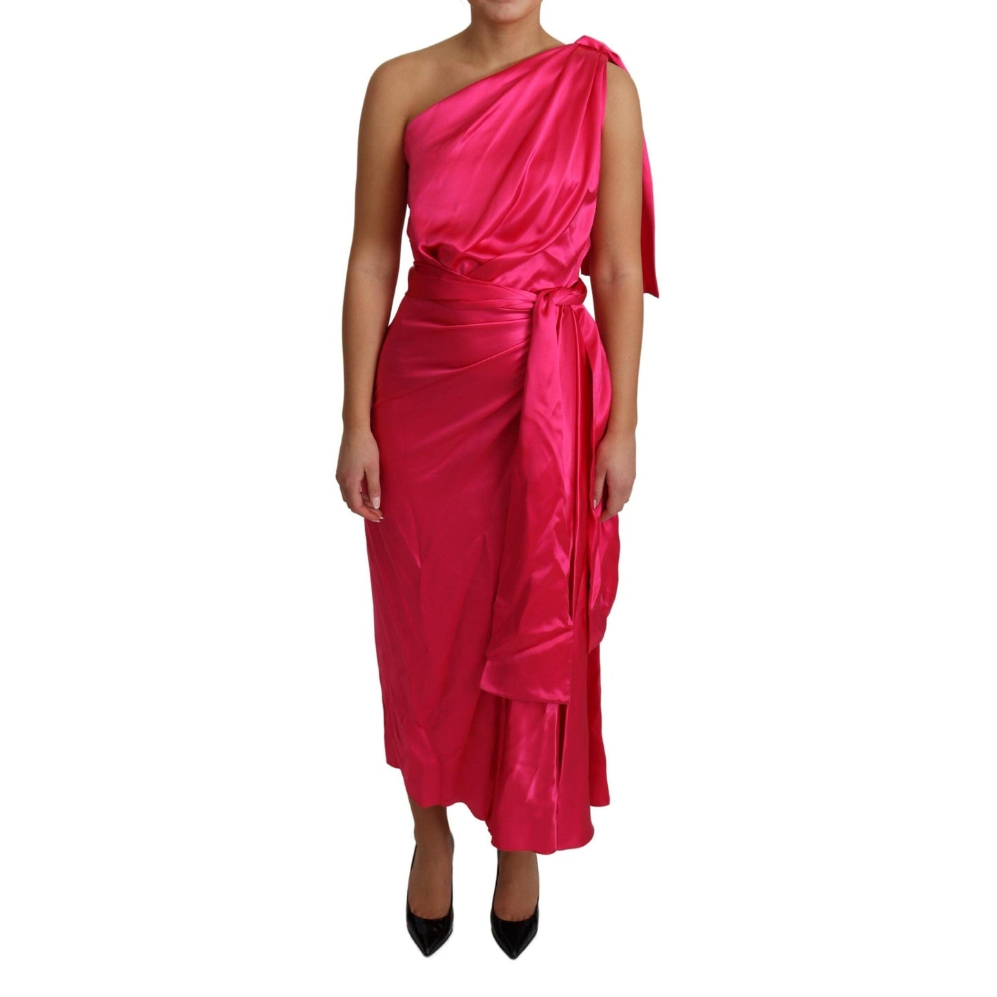 Dress Pink Fitted Cut One Shoulder Midi Dress
