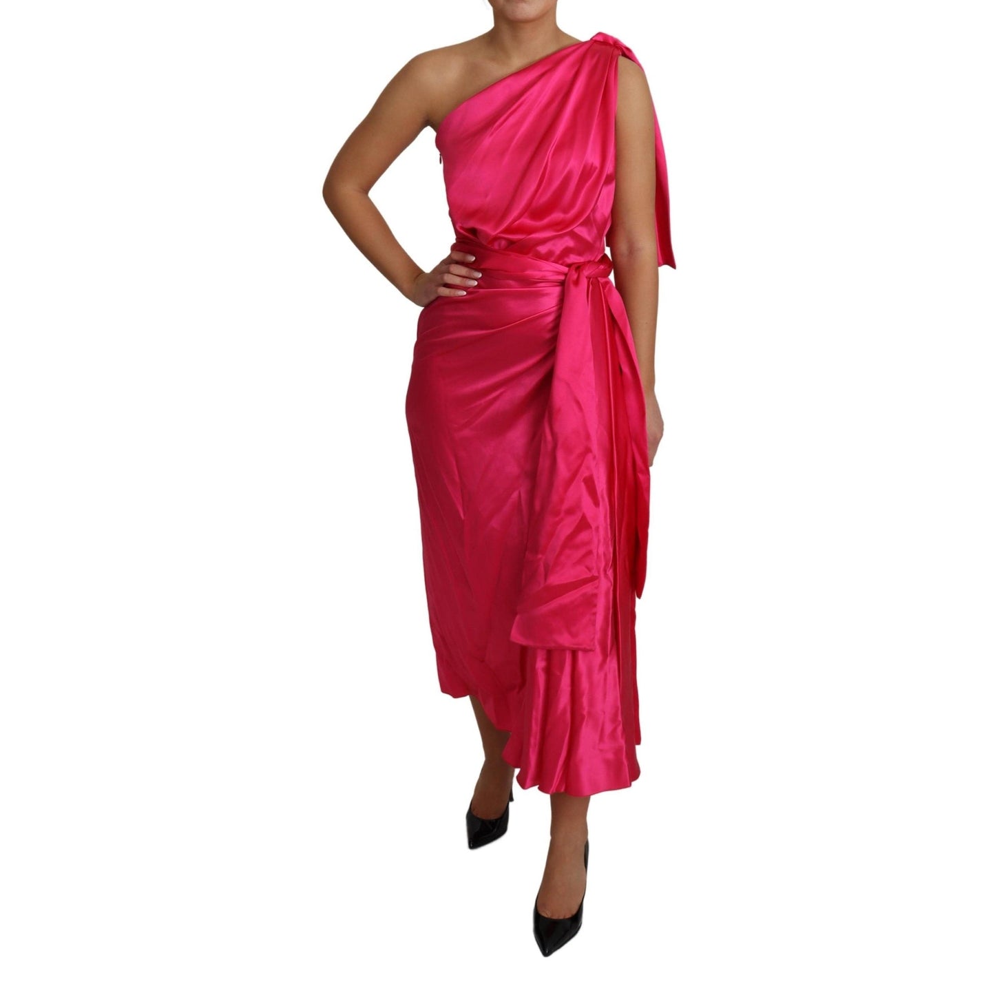 Dress Pink Fitted Cut One Shoulder Midi Dress