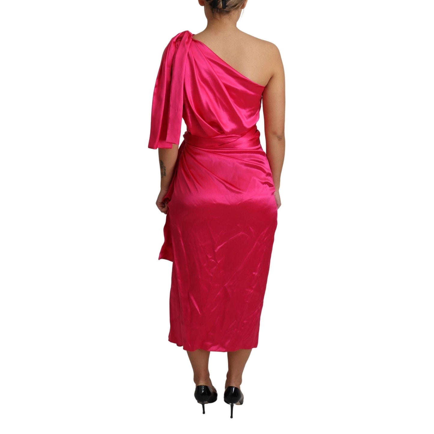 Dress Pink Fitted Cut One Shoulder Midi Dress