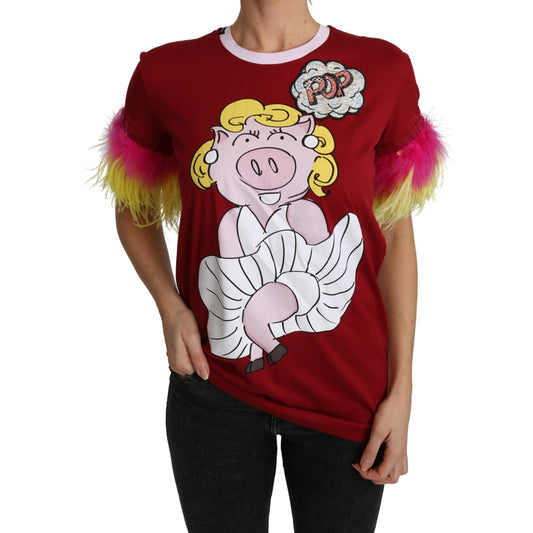 Red Pig Print Feather Sleeves T-shirt Top