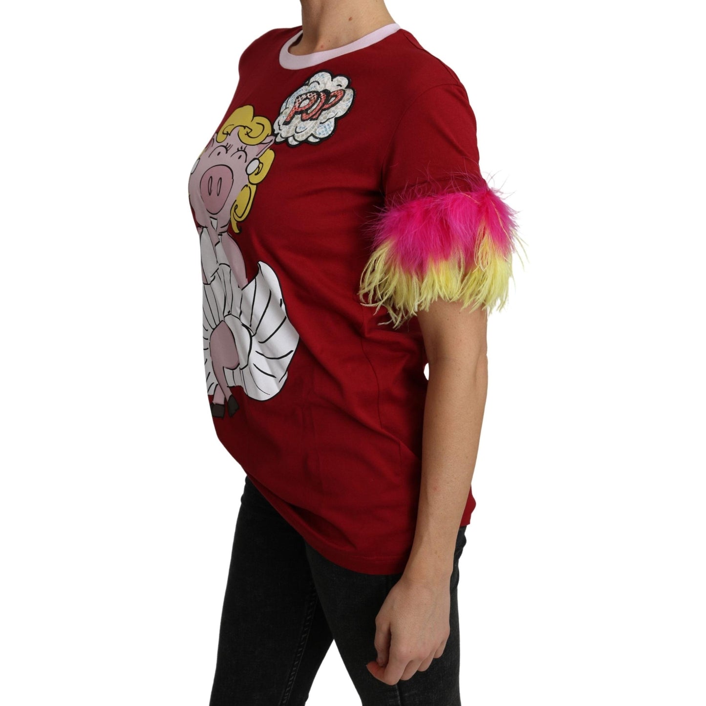 Red Pig Print Feather Sleeves T-shirt Top