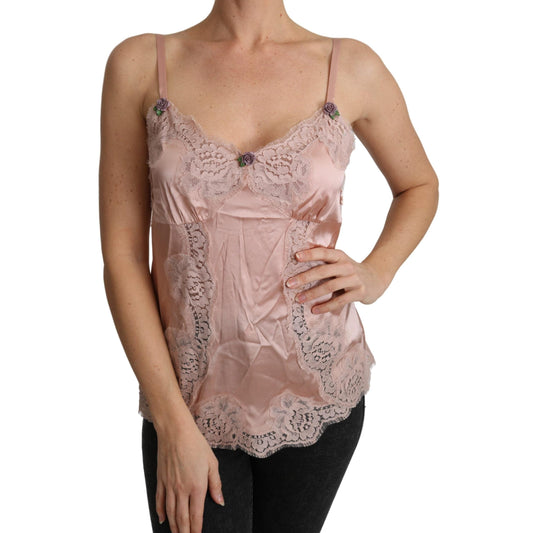 Pink Lace Roses Blouse Strap Tank Silk Top