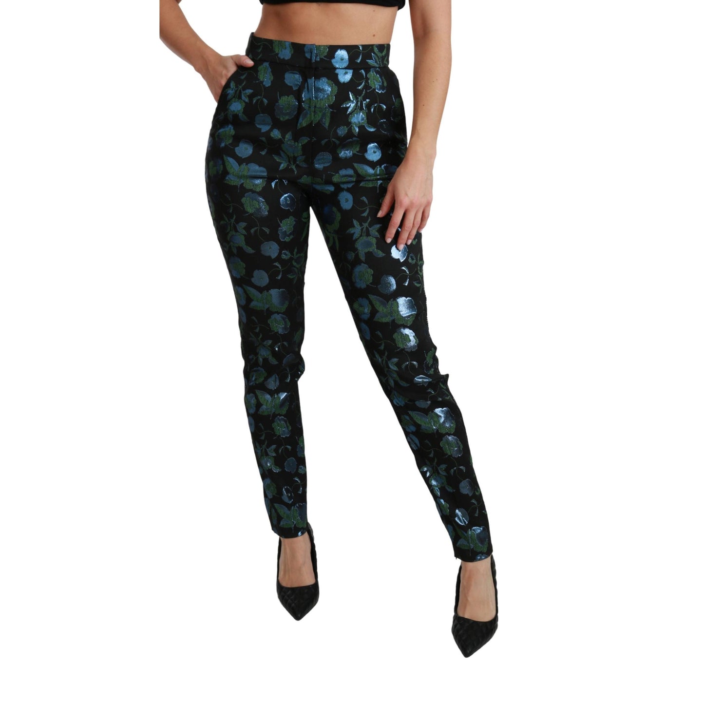 Blue Green Floral Metallic Slim Pants