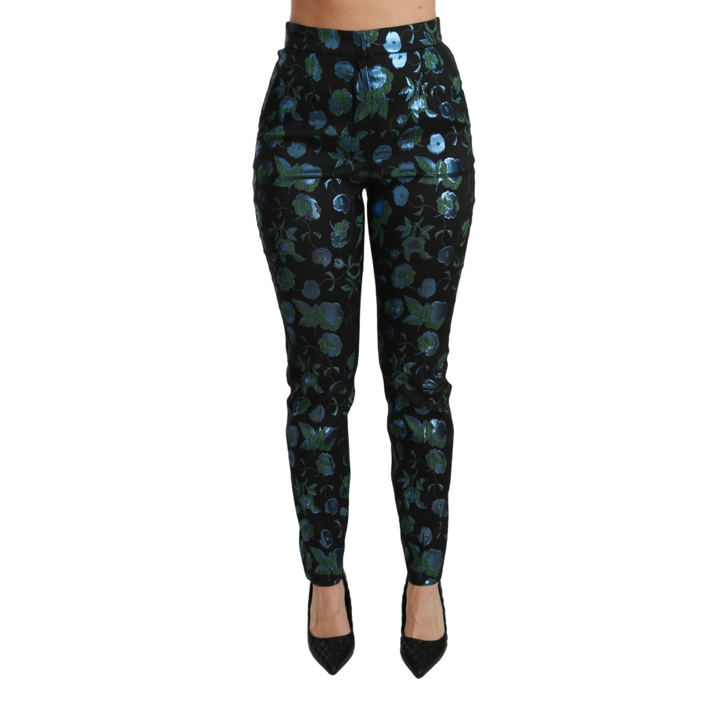 Blue Green Floral Metallic Slim Pants