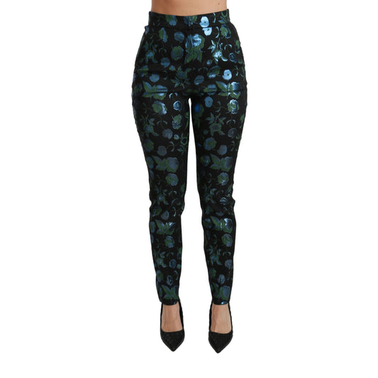 Blue Green Floral Metallic Slim Pants