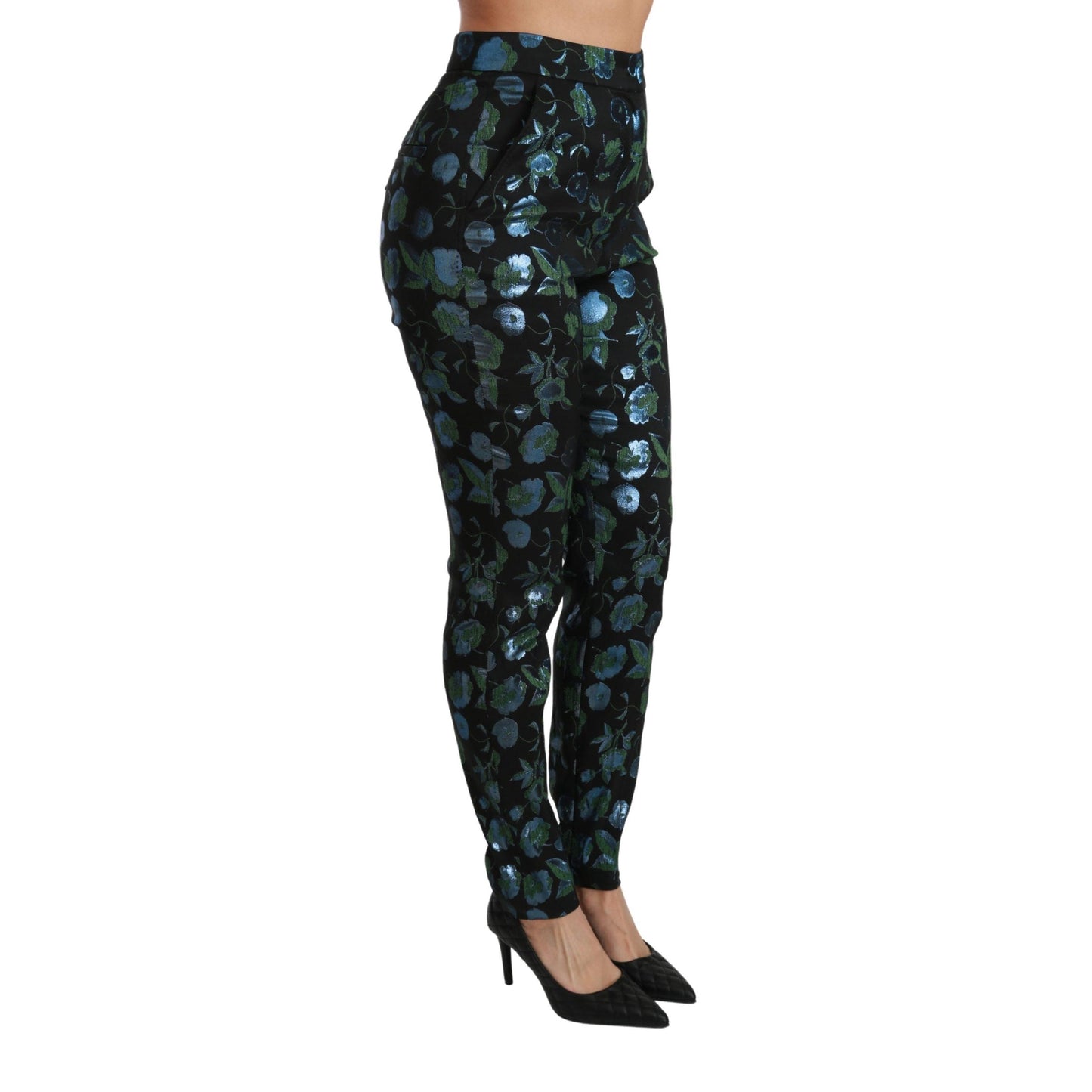 Blue Green Floral Metallic Slim Pants
