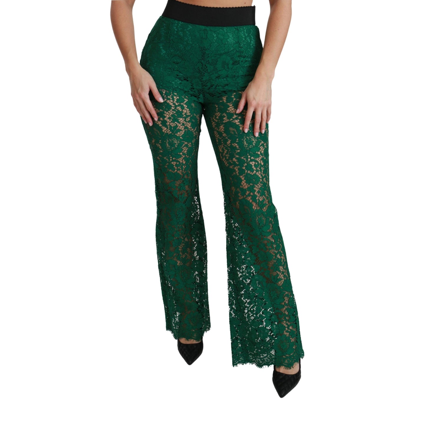 Green Lace High Waist Flared Pants
