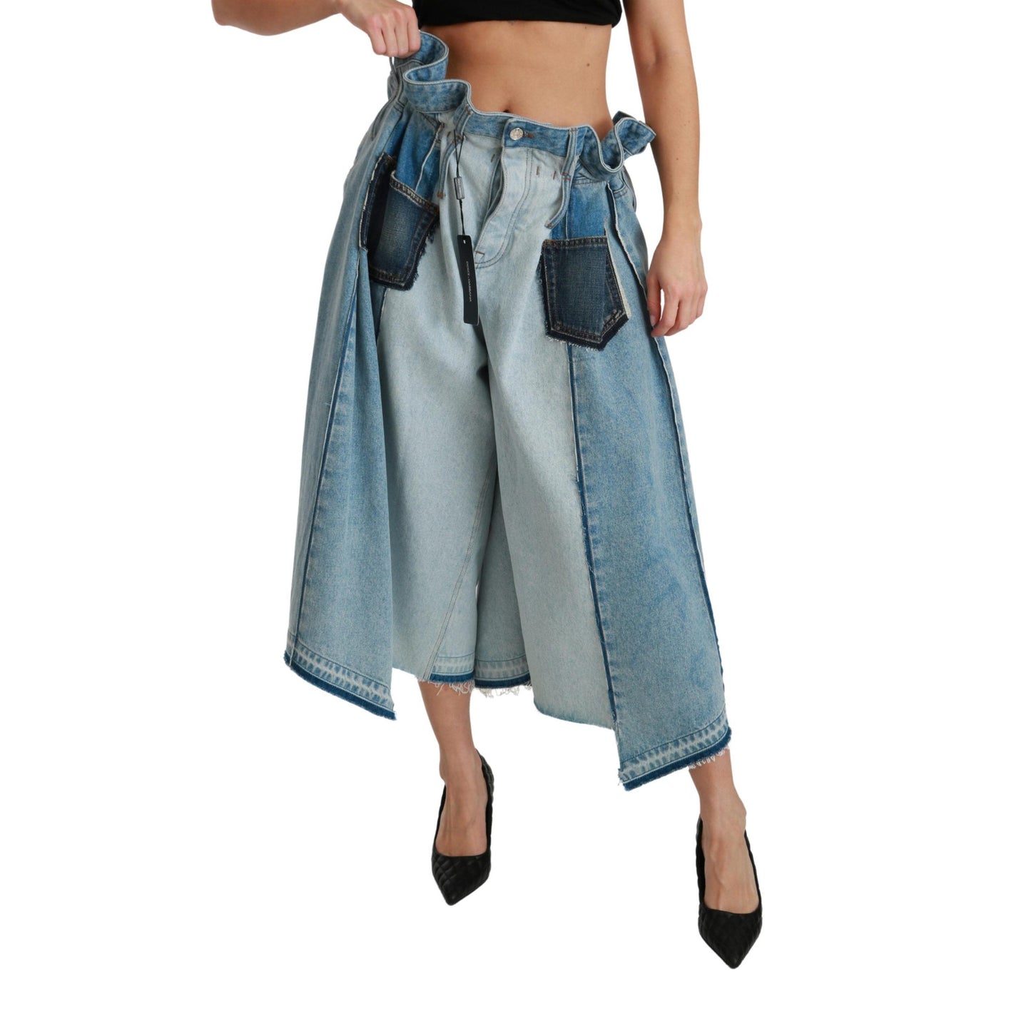 Blue Asymmetrical Wide Leg Denim Cotton Jeans