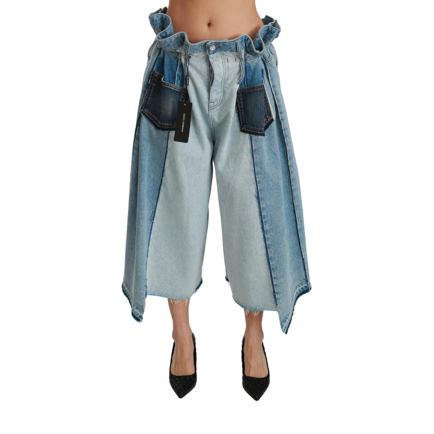 Blue Asymmetrical Wide Leg Denim Cotton Jeans