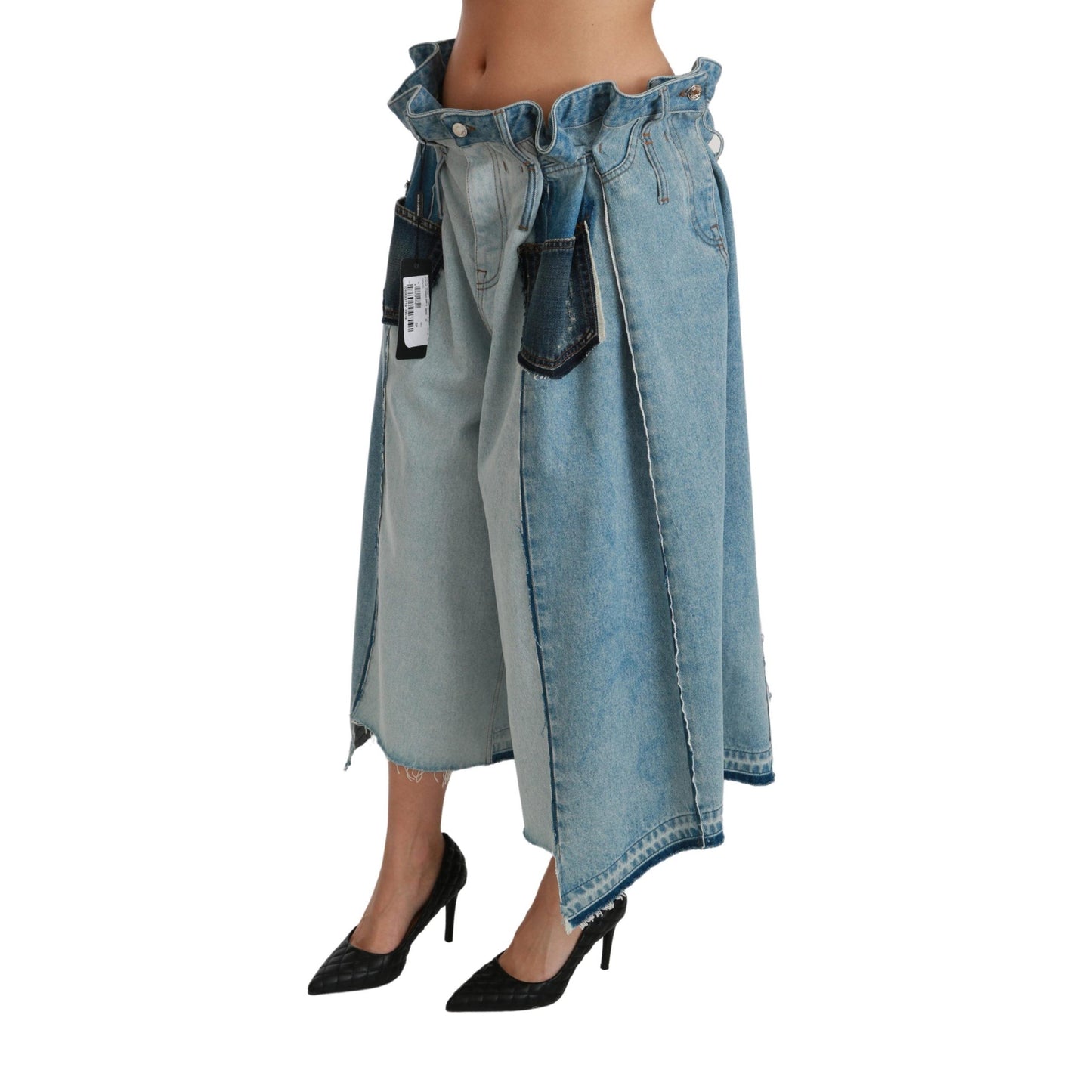 Blue Asymmetrical Wide Leg Denim Cotton Jeans