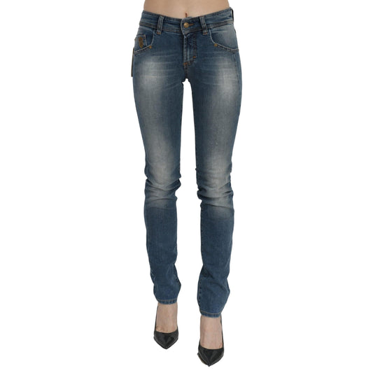 Blue Washed Mid Waist Slim Fit Denim Trouser Cotton Jeans