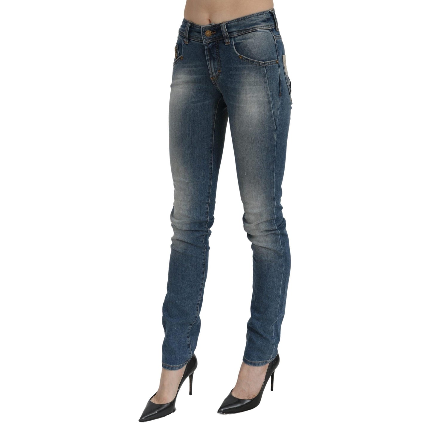 Blue Washed Mid Waist Slim Fit Denim Trouser Cotton Jeans