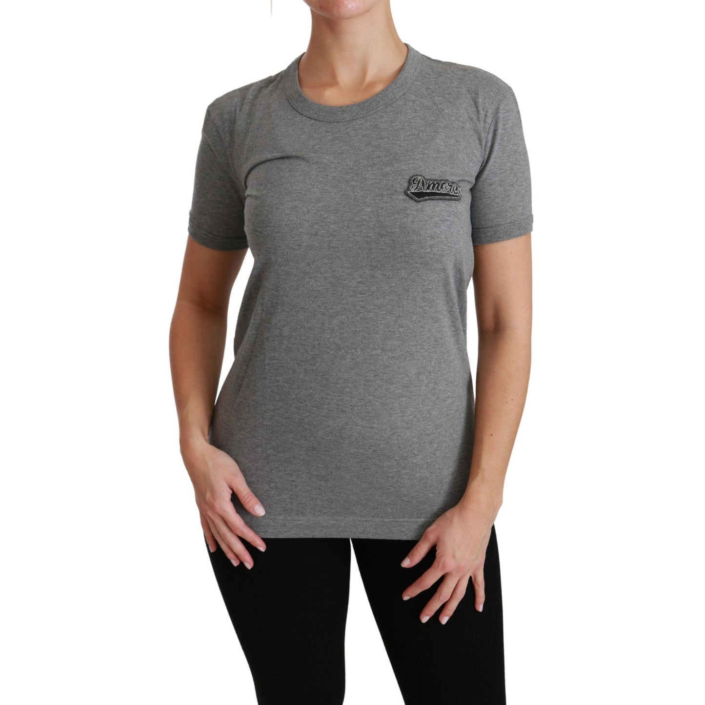 Gray Crewneck Amore Patch Cotton Top T-shirt