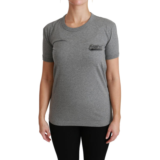 Gray Crewneck Amore Patch Cotton Top T-shirt