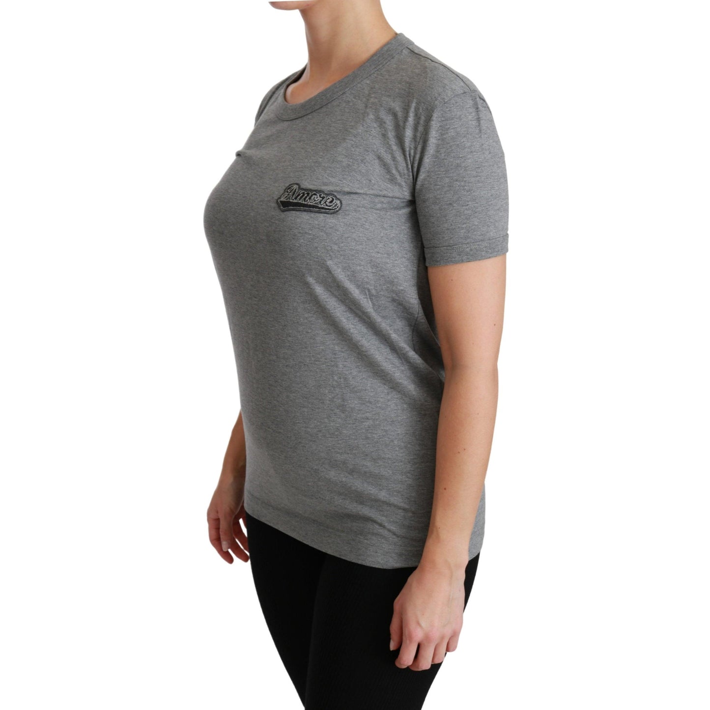 Gray Crewneck Amore Patch Cotton Top T-shirt