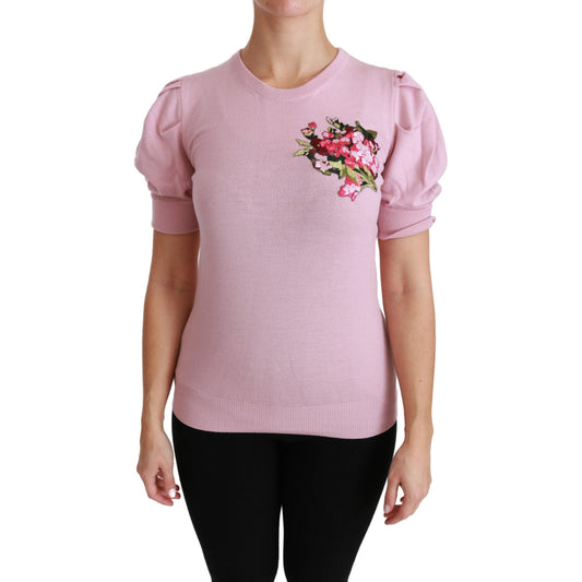 Pink Floral Embroidered Blouse Wool Top