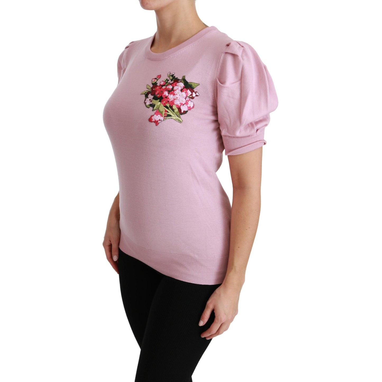 Pink Floral Embroidered Blouse Wool Top