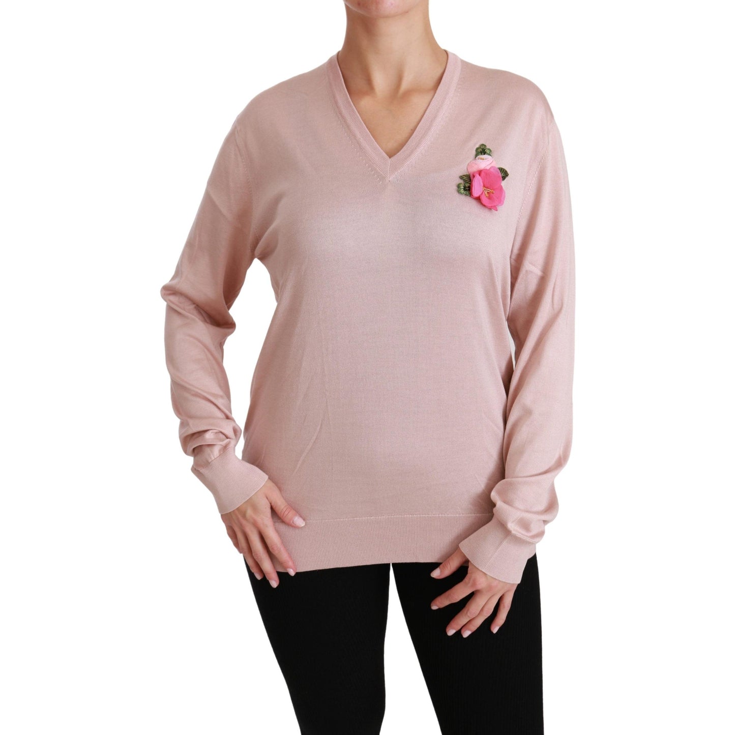 Pink Floral Embellished Pullover Silk Sweater