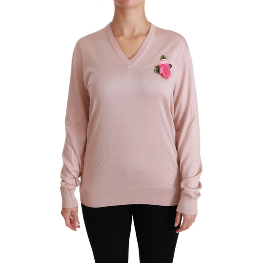 Pink Floral Embellished Pullover Silk Sweater