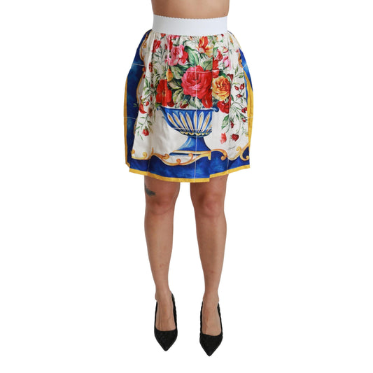 White Flower Vase High Waist Mini Skirt Silk