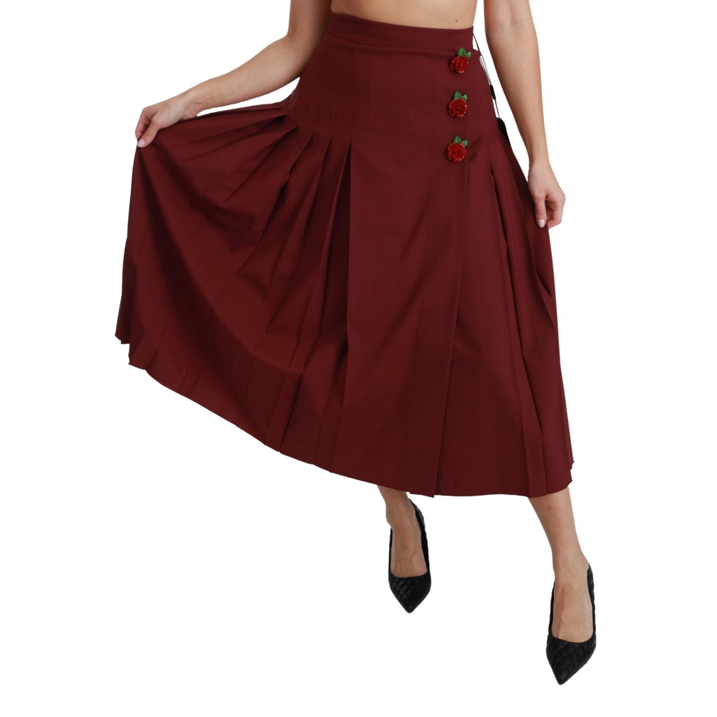 Red High Waist Pleated Maxi Wool Skirt