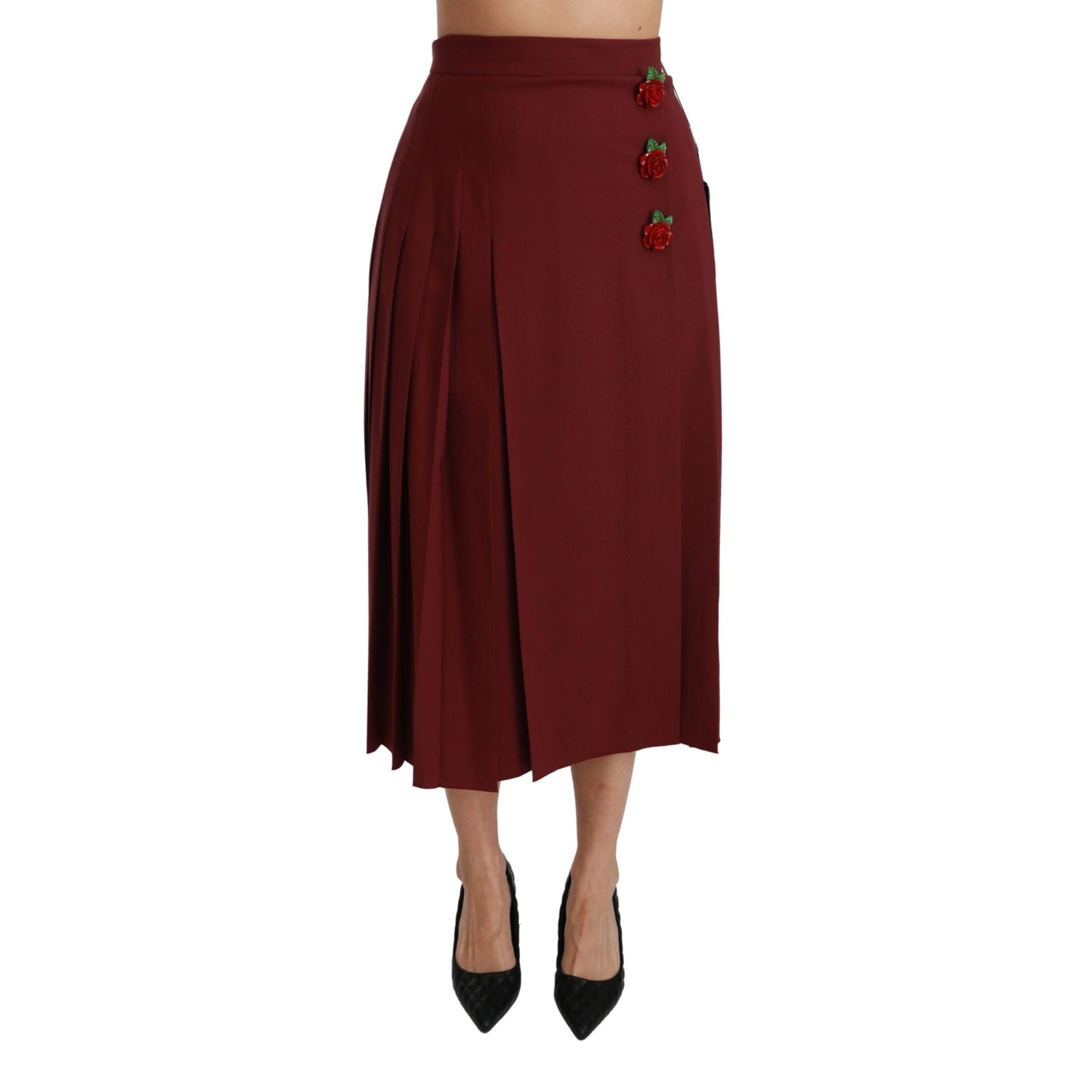 Red High Waist Pleated Maxi Wool Skirt