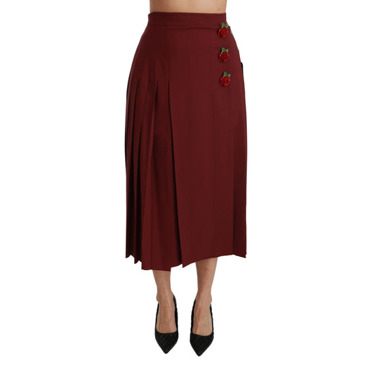 Red High Waist Pleated Maxi Wool Skirt