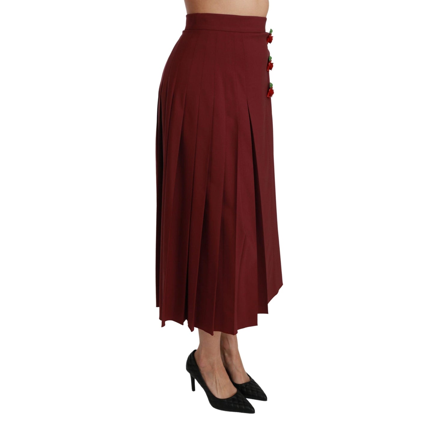 Red High Waist Pleated Maxi Wool Skirt