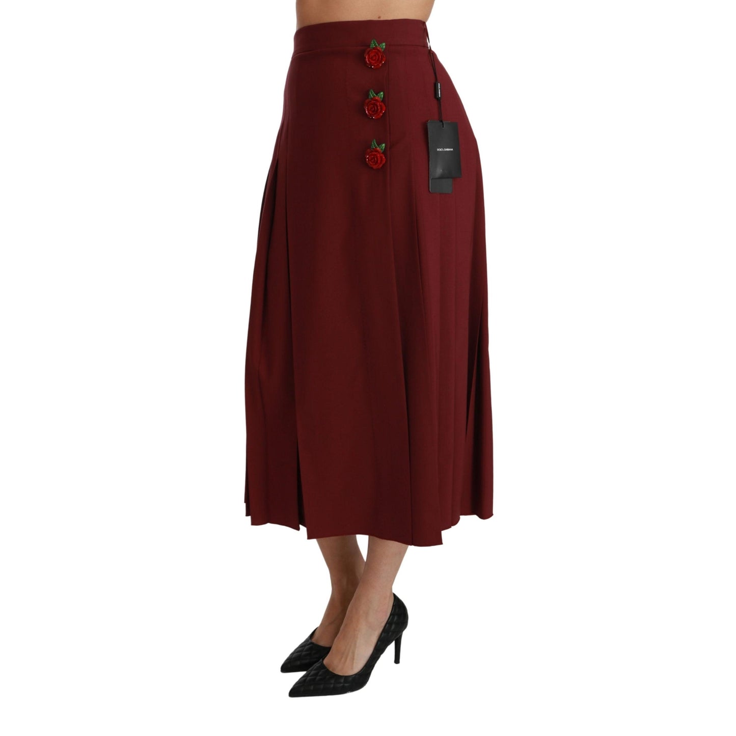 Red High Waist Pleated Maxi Wool Skirt
