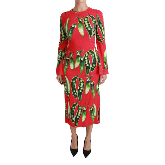 Red Snap Pea Print Longsleeve Midi Dress