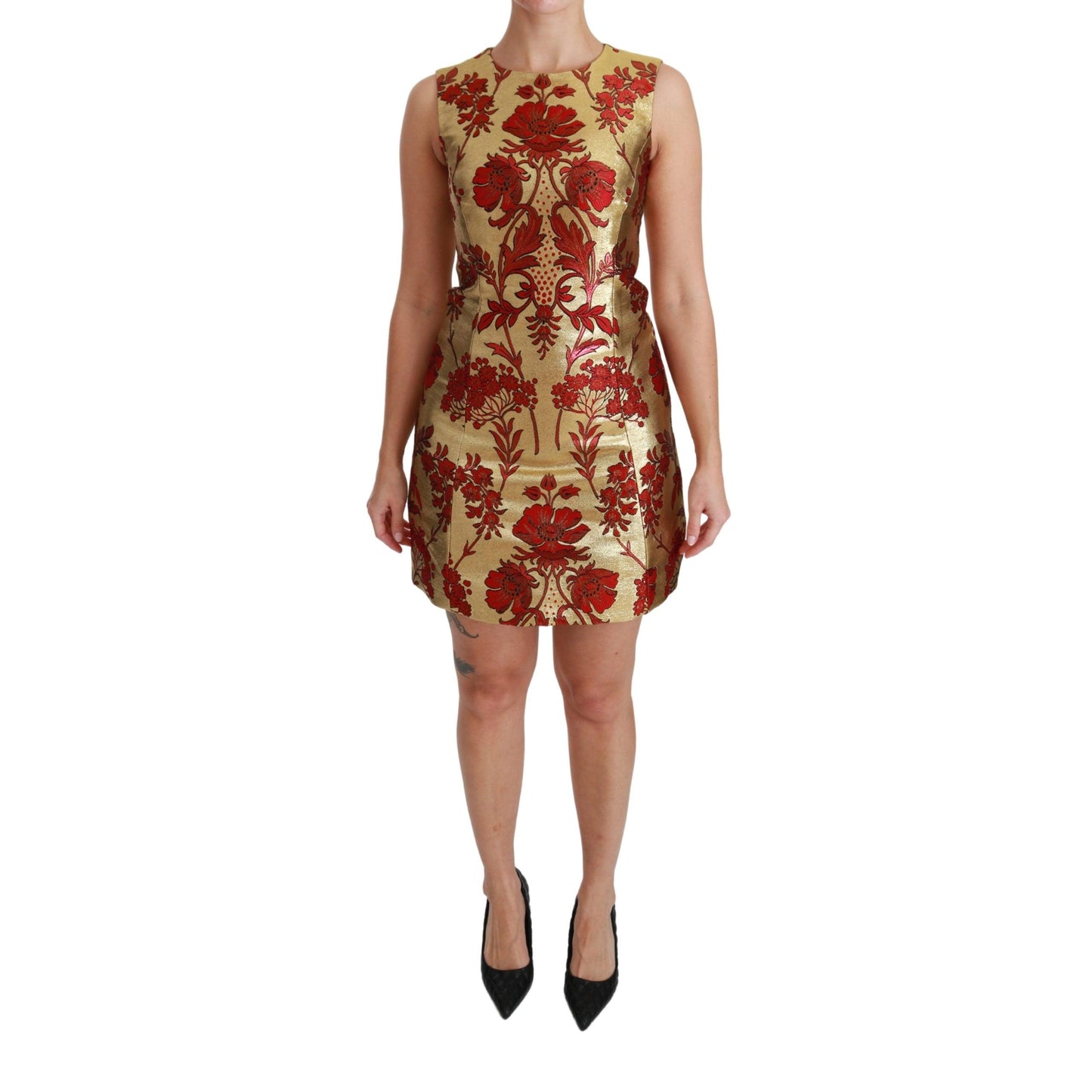 Gold Red Lurex Jacquard Midi Slim Dress