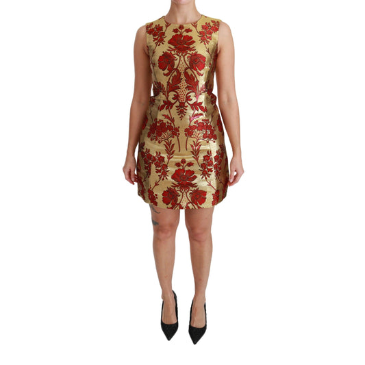 Gold Red Lurex Jacquard Midi Slim Dress