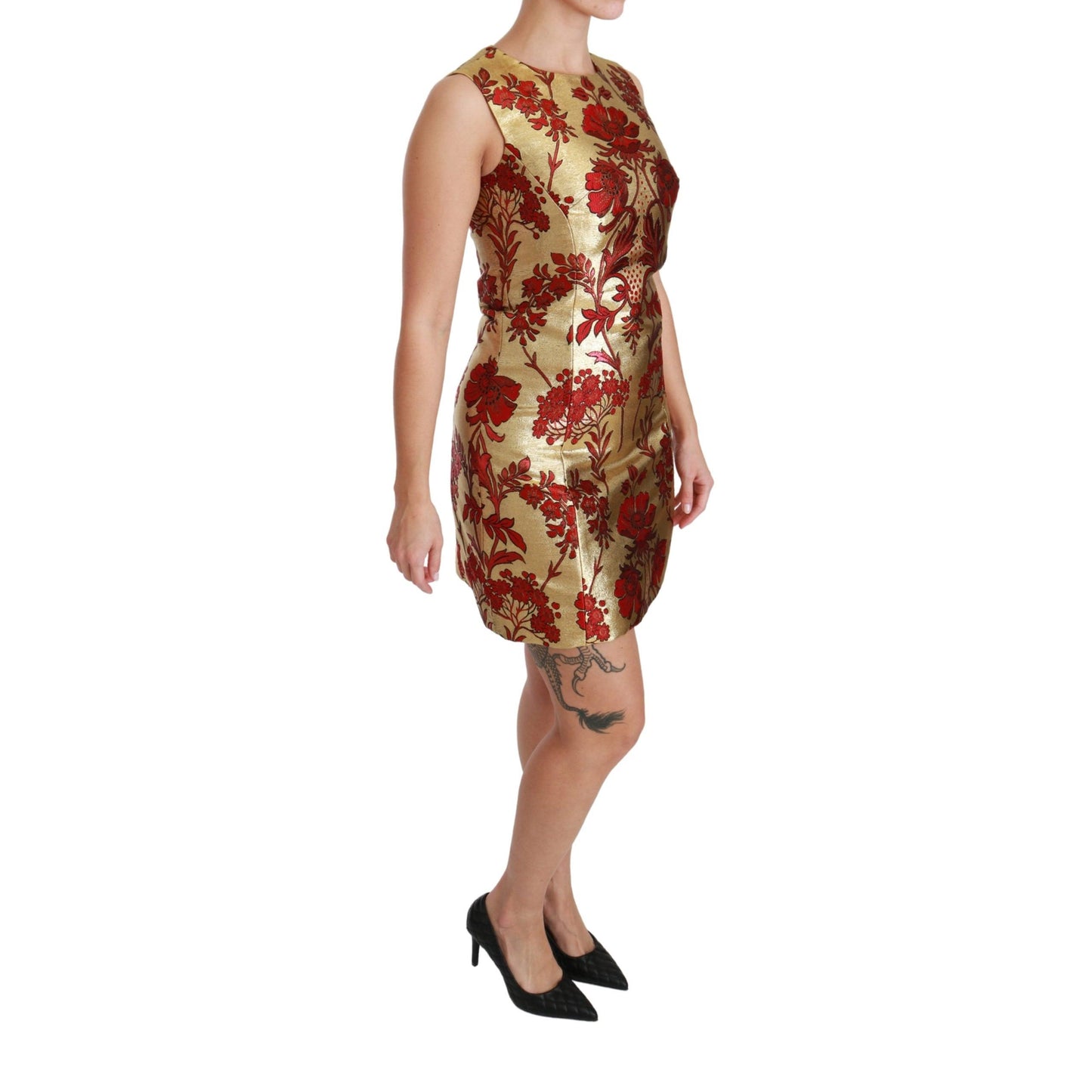 Gold Red Lurex Jacquard Midi Slim Dress