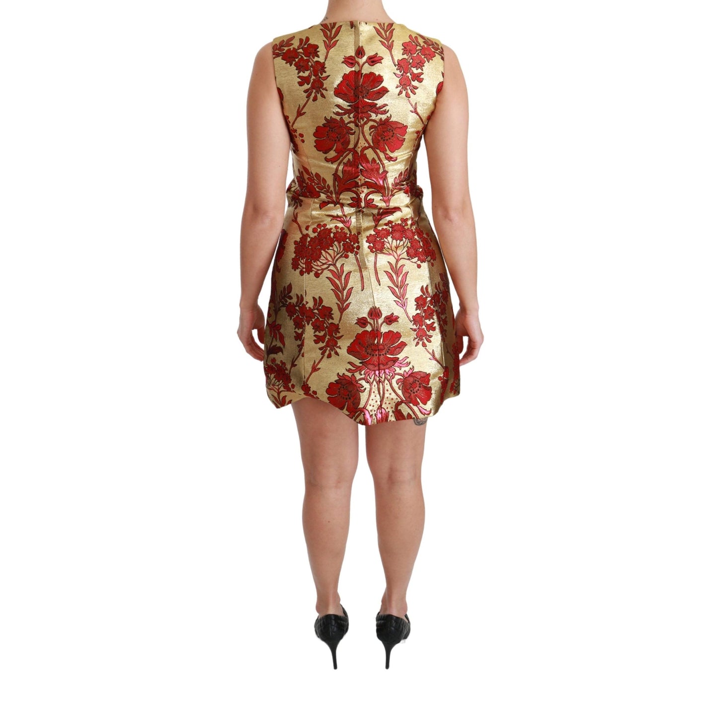Gold Red Lurex Jacquard Midi Slim Dress