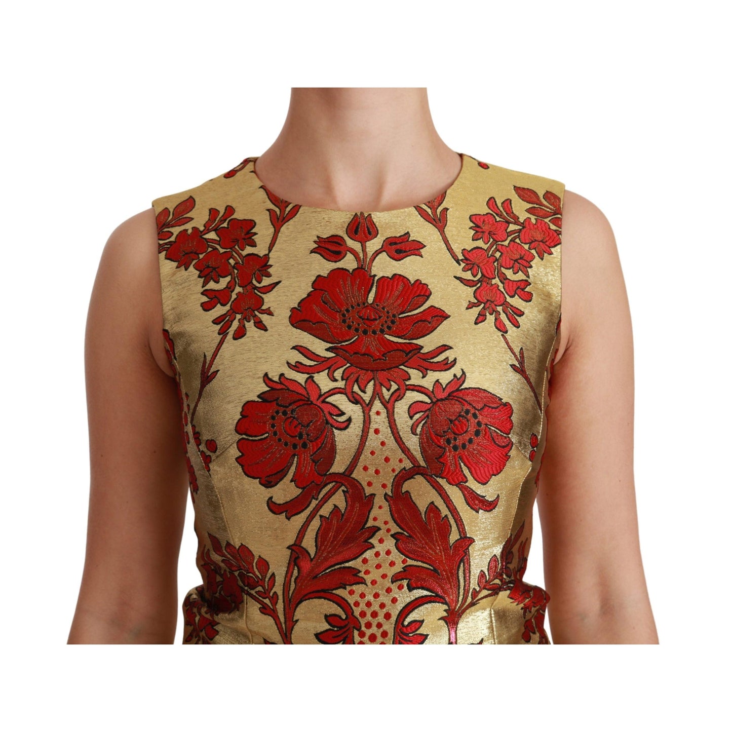 Gold Red Lurex Jacquard Midi Slim Dress