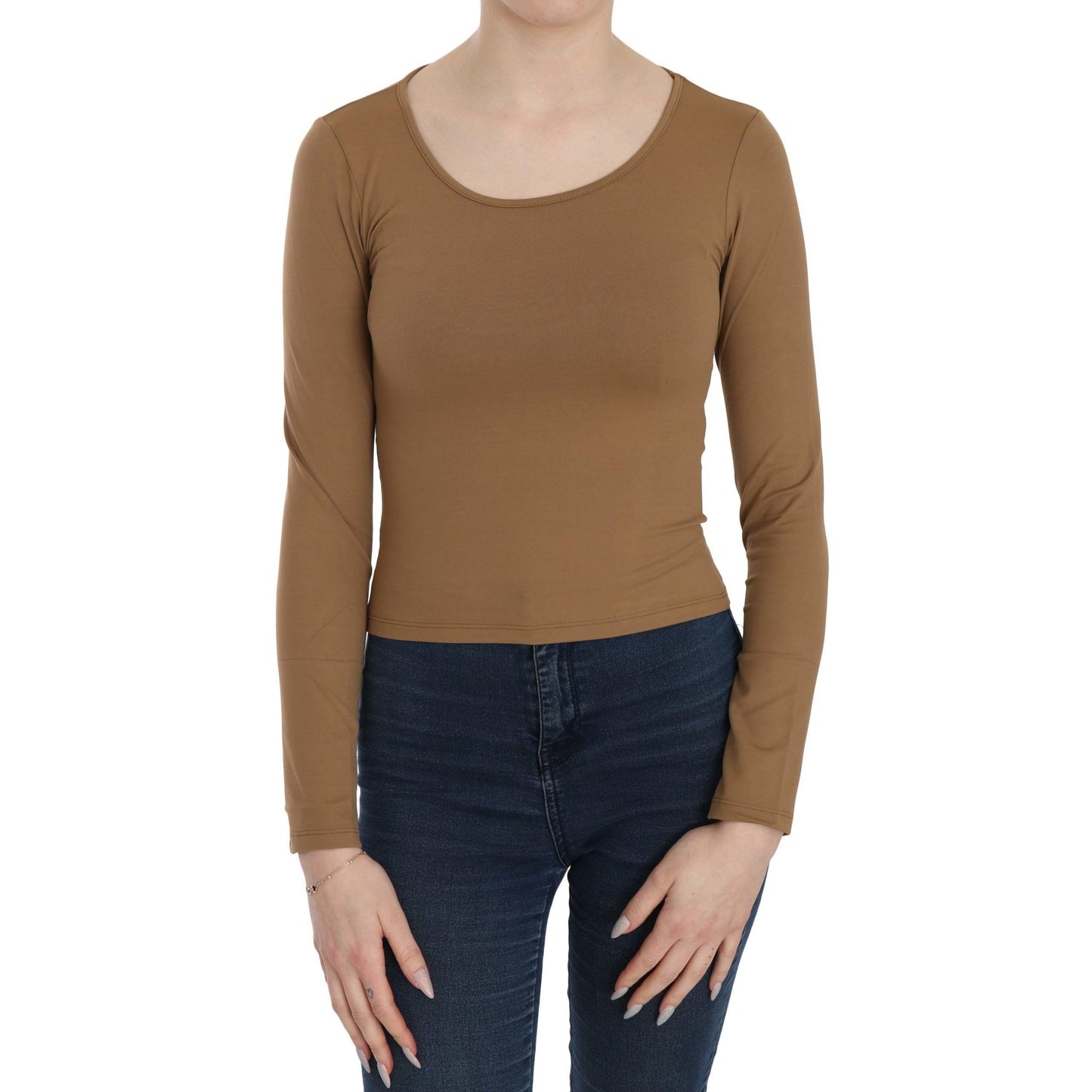 Brown Long Round Neck Sleeve Fitted Shirt Tops Blouse