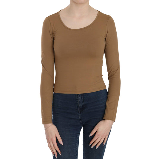 Brown Long Round Neck Sleeve Fitted Shirt Tops Blouse