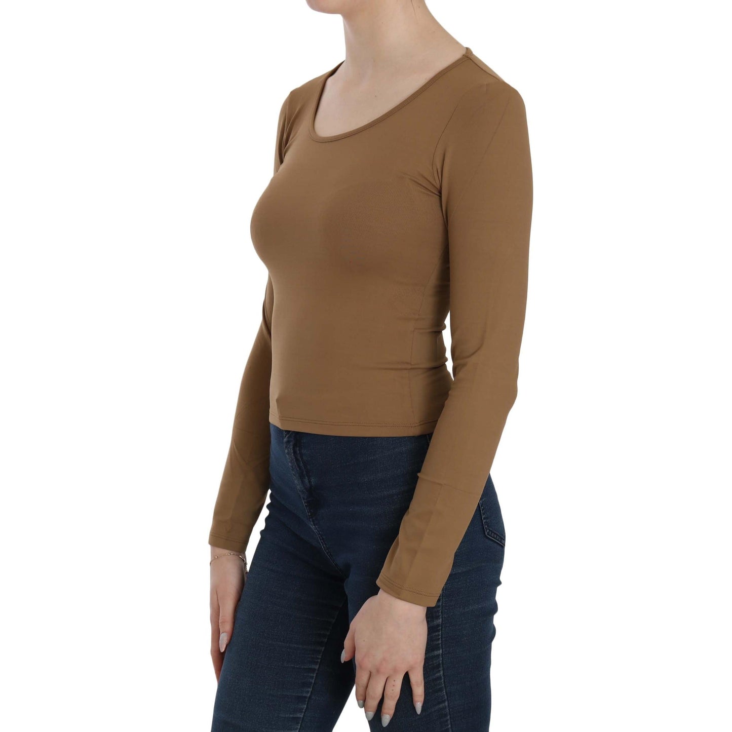 Brown Long Round Neck Sleeve Fitted Shirt Tops Blouse