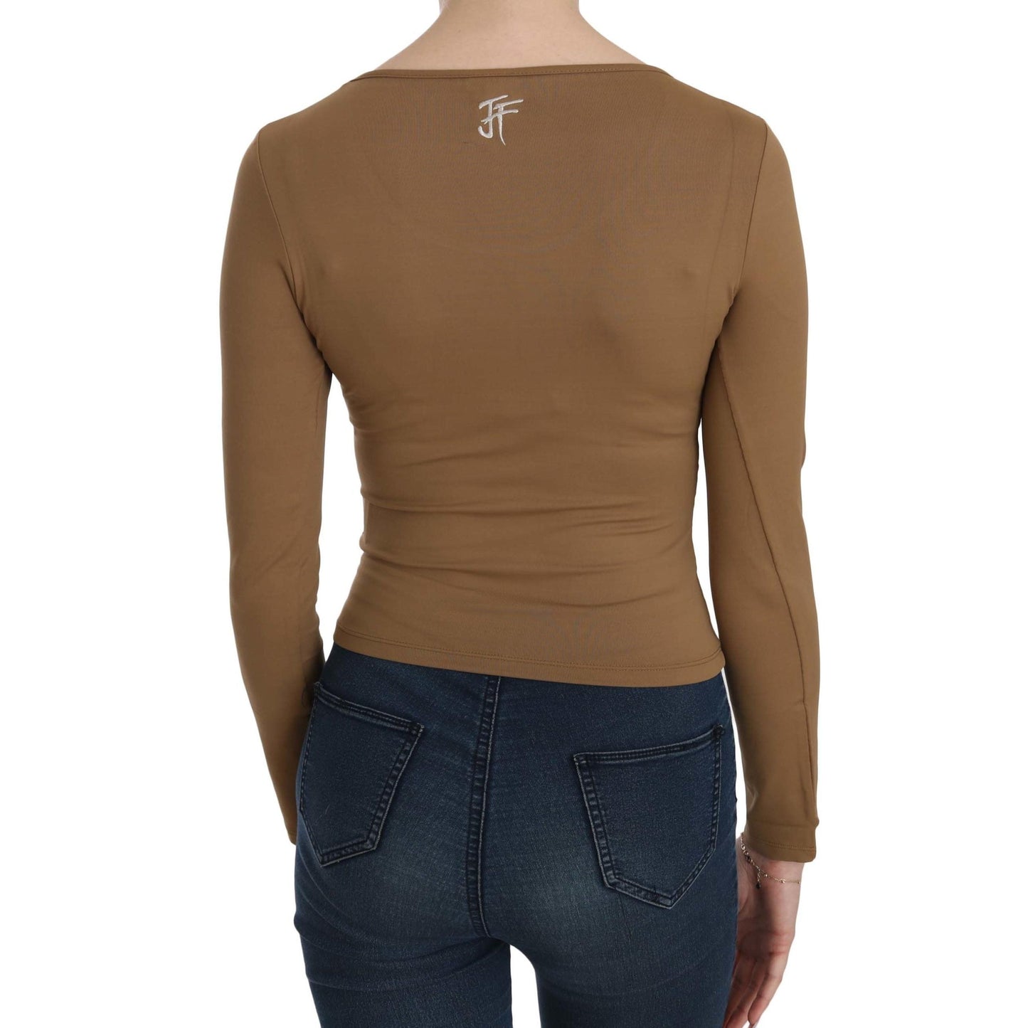 Brown Long Round Neck Sleeve Fitted Shirt Tops Blouse