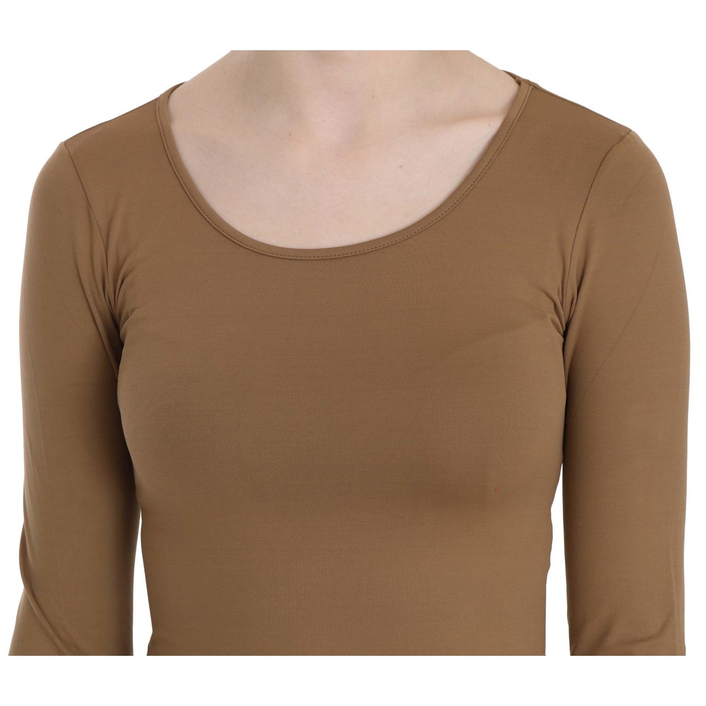 Brown Long Round Neck Sleeve Fitted Shirt Tops Blouse