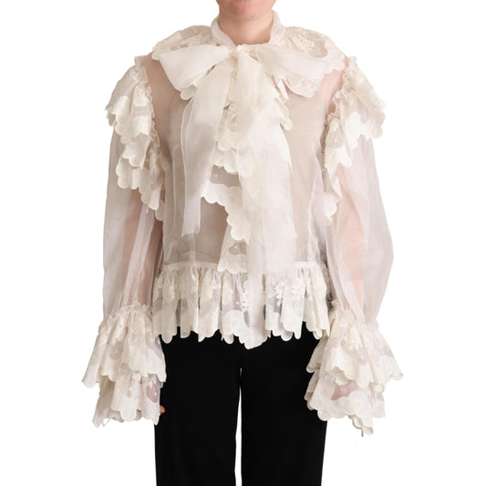 White Ascot Collar Silk Blouse Ruffled Top