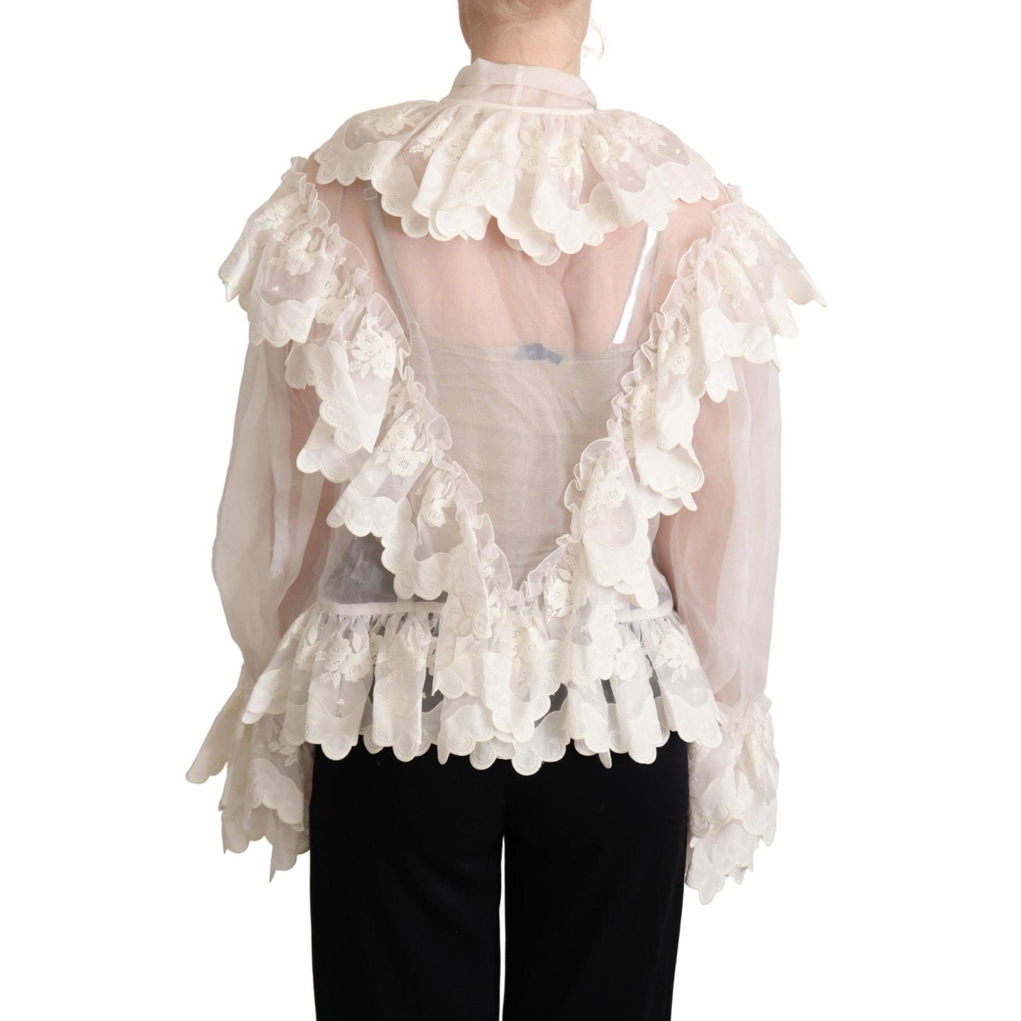 White Ascot Collar Silk Blouse Ruffled Top