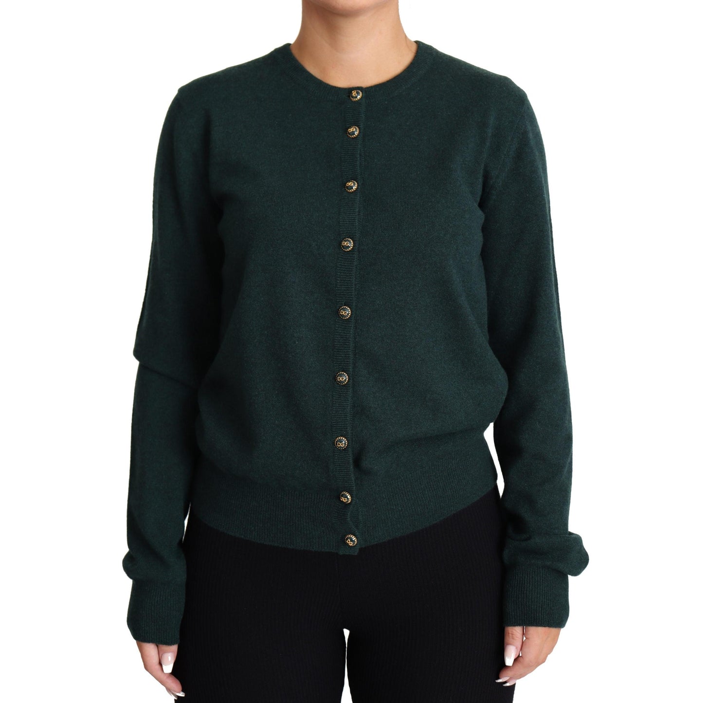 Dark Green Cashmere Crewneck Cardigan Sweater