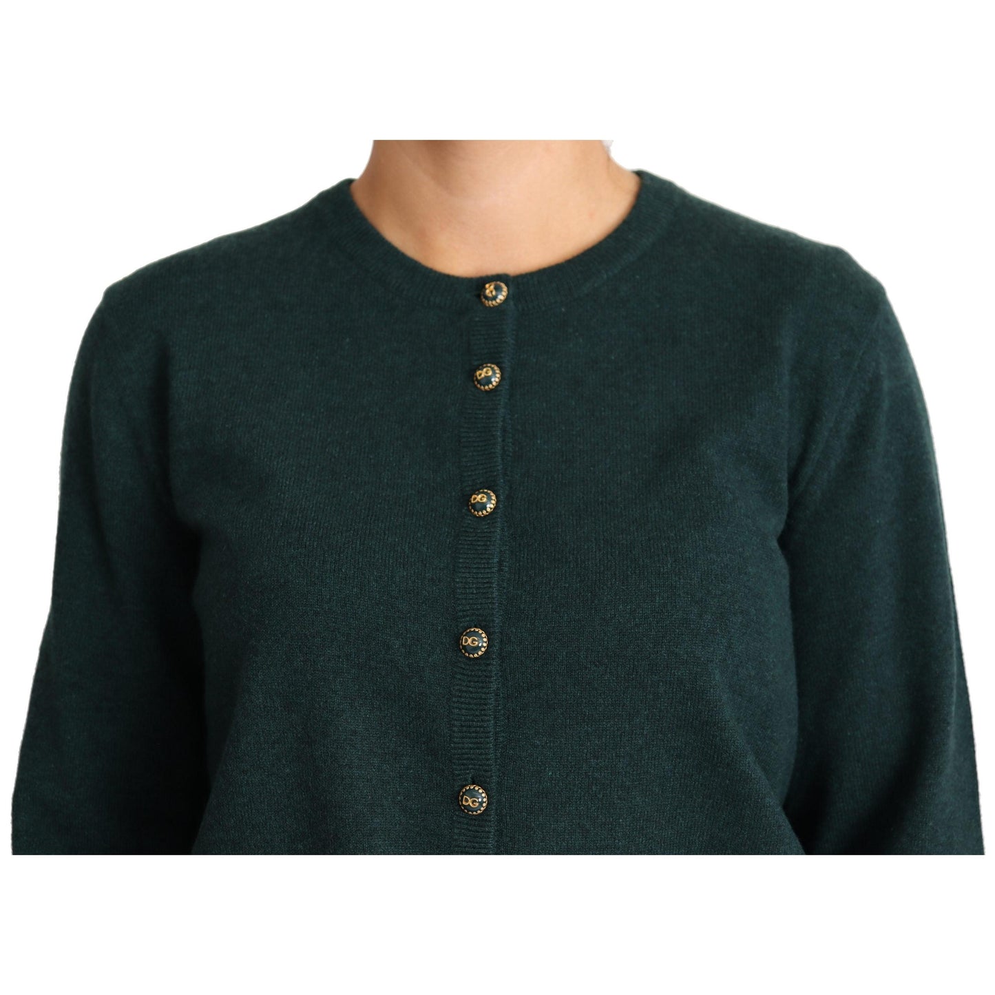Dark Green Cashmere Crewneck Cardigan Sweater