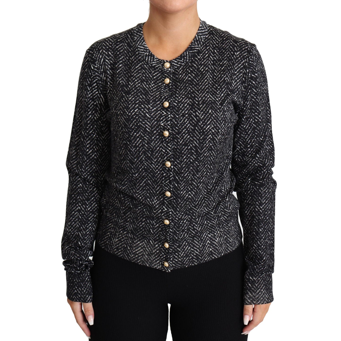 Gray Chevron Wool Ribbed Cardigan Sweater