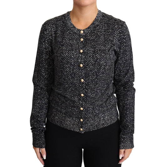 Gray Chevron Wool Ribbed Cardigan Sweater